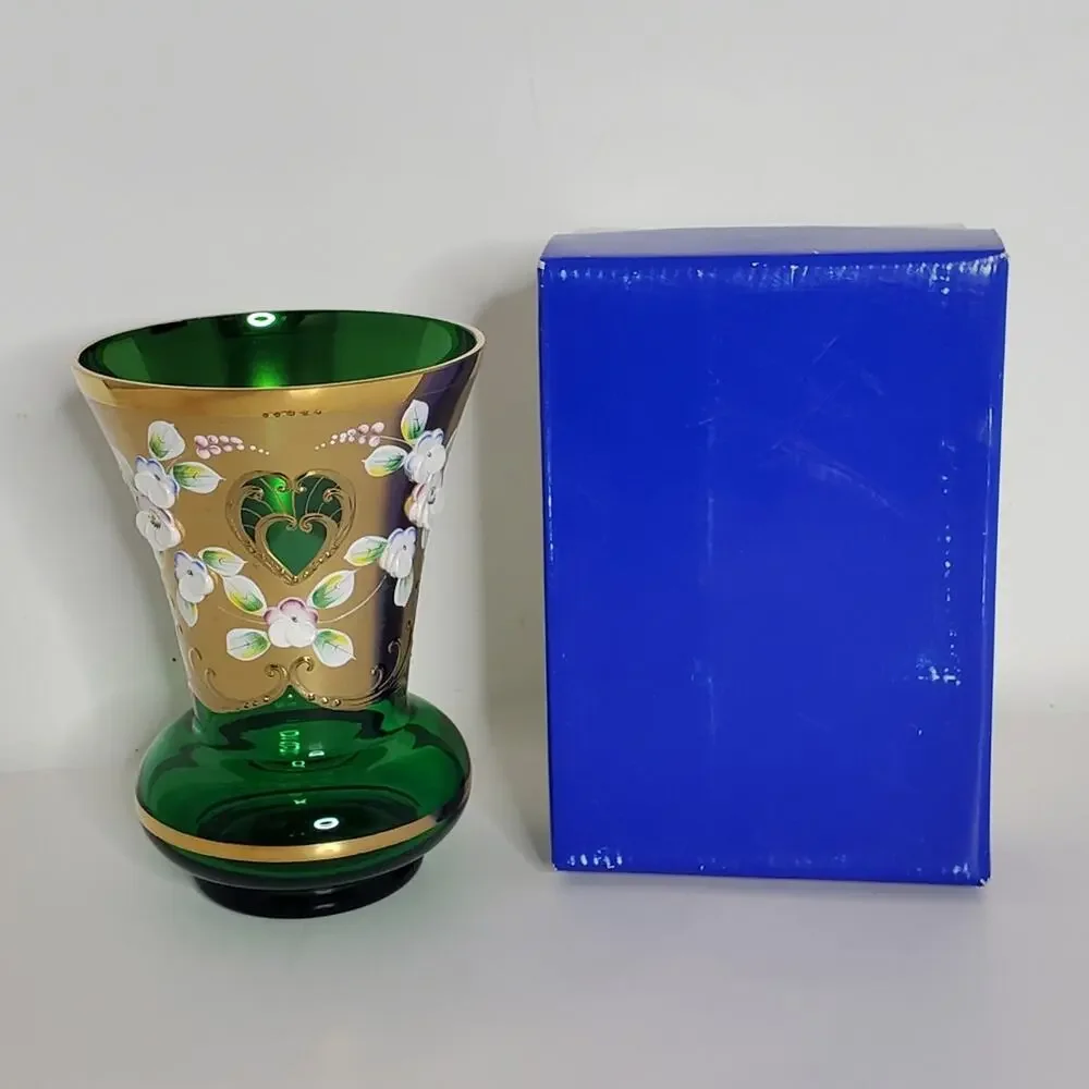 Vintage Emerald Green Bohemian Czech glass Vase in Excellent condition with box